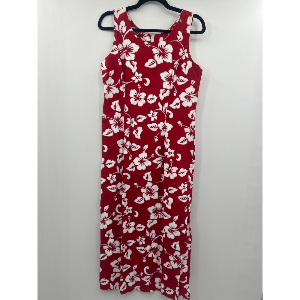 Ho Aloha Hawaiian Floral Maxi Dress Red White Cotton Sleeveless Size Large